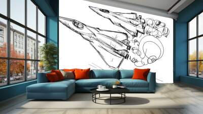 Two fighter planes in sketch style on a white background. Flying warplanes in doodle style. stock illustration in vector format. Wall mural