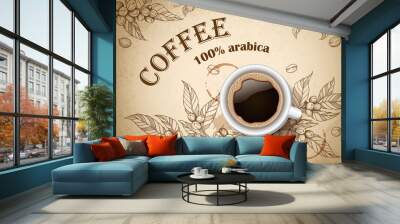 Coffee cup and coffee beans. Wall mural