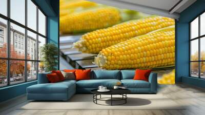 A close-up of a fresh yellow ear of corn with green husks, isolated. Beautiful simple AI generated image Wall mural