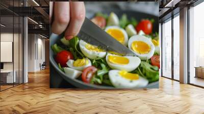 Close-up of a girl cuts a tomato wooden table for a salad of green tomatoes lemon and cheese. Beautiful simple AI generated image in 4K, unique. Wall mural