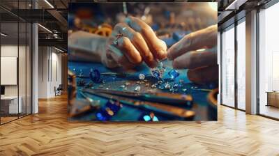 Close-up of a hand of a goldsmith who builds a precious jewel with valuable diamonds. Beautiful simple AI generated image Wall mural