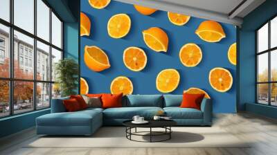 Close-up of three oranges arranged in a row showcasing different sizes emphasizing variety and freshness. Beautiful simple AI generated image Wall mural