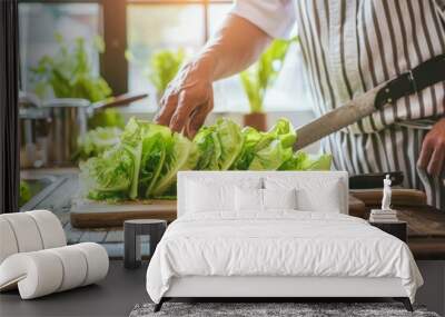 Cutting romaine lettuce for a chopped salad - ANTIPASTO SALAD SERIES. Beautiful simple AI generated image in 4K, unique. Wall mural