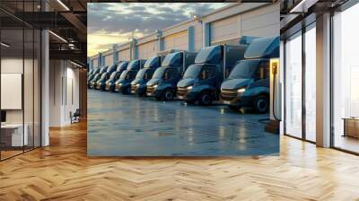 Delivery truck loaded with cardboard boxes at a sunset-lit warehouse dock.. Beautiful simple AI generated image Wall mural