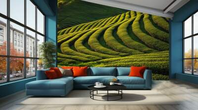 Expansive green field with flourishing plants under a clear, blue sky, photo-realistic landscape emphasizing vivid colors and details. Beautiful simple AI generated image Wall mural