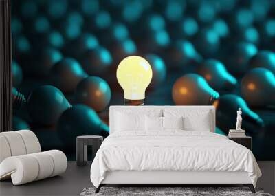 Hand-holding lightbulb with brain on bokeh background for creative and smart thinking idea concept. Beautiful simple AI generated image Wall mural