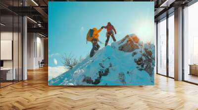 Happy hiker on mountain top - celebrating success - young man climbing to fulfill life. Beautiful simple AI generated image in 4K, unique. Wall mural