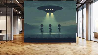 Man Witnessing UFO Invasion at Night in Mysterious Landscape, Alien Encounter, Sci-Fi Concept Art. Beautiful simple AI generated image Wall mural