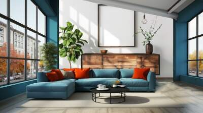 premium livingroom. Painted mockup wall for art - peach pastel apricot warm colour. Modern room design interior. Beautiful simple AI generated image in 4K, unique. Wall mural