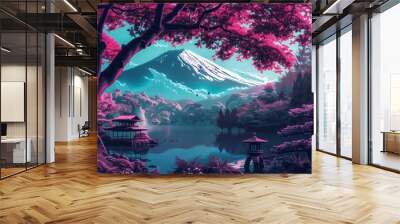 Sakura tree in the multi-colored aurora at night, mt fuji, digital painting, Generative AI. Beautiful simple AI generated image Wall mural