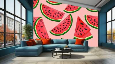 Seamless pattern with watermelon slices on a black background, flat vector illustration. For t-shirt prints and other uses.. Beautiful simple AI generated image in 4K, unique. Wall mural