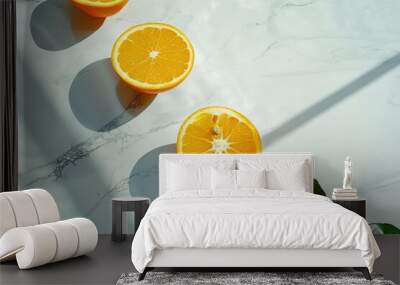 Vibrant close-up of fresh sliced orange on a crisp white background - juicy and refreshing.. Beautiful simple AI generated image Wall mural