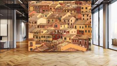 Warm-hued facade of an old apartment building with multiple air conditioners and cables, Tel Aviv, Israel. Beautiful simple AI generated image Wall mural