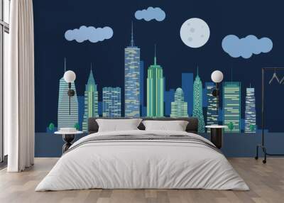 The landscape of skyscrapers of night New York City. Vector flat illustration . Wall mural