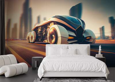 3d model of futuristic electric truck on highway. Future city background. Electric automobile. AI generated Wall mural