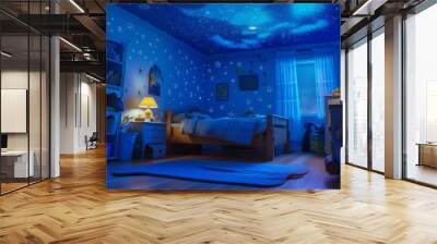 A cinematic depiction of a kids room with a star-strewn ceiling  AI genrated illustration Wall mural