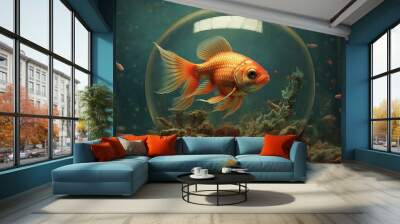 A curious fish swimming in its tank. AI generated Wall mural