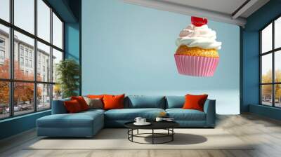 A flying cupcake with a cherry on top d style isolated flying objects memphis style d render  AI generated illustration Wall mural