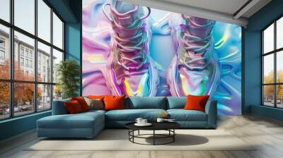 A pair of sneakers with a holographic sheen and abstract shapes  AI generated illustration Wall mural