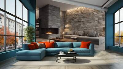 A simple, modern interior room design with natural stone accents. AI generated Wall mural