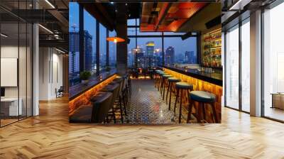 A trendy rooftop bar with panoramic views of the city skyline AI generated illustration Wall mural