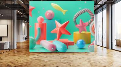 A whimsical collection of floating objects d style isolated flying objects memphis style d render   AI generated illustration Wall mural