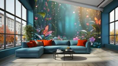 Abstract enchanted 3D forest filled with cute fairy-like elements  AI generated illustration Wall mural