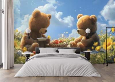 Adorable teddy bears having a picnic in a sunny meadow   AI generated illustration Wall mural