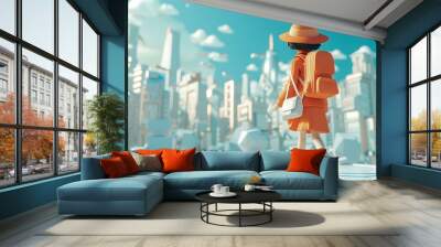 An adorable D model of a tourist walking through a minimalistic cityscape   AI generated illustration Wall mural