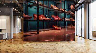 Assortment of shoes on the showcase of a shoe store. Al generated Wall mural