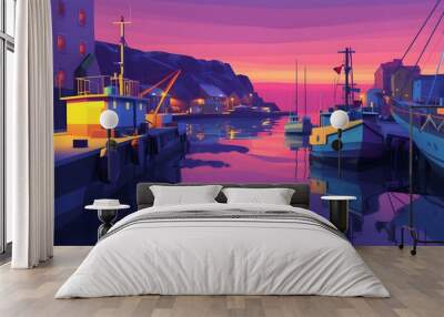 Busy harbour at dusk illustrated in a 3D  style  AI generated illustration Wall mural