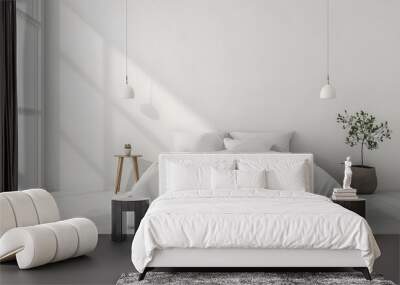 Capture an image of a pristine minimalist bedroom featuring only a bed and one night table from an overhead perspective  AI generated illustration Wall mural