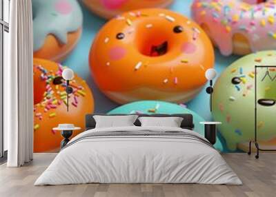 Cheerful 3D abstract background with colorful kawaii donuts AI generated illustration Wall mural