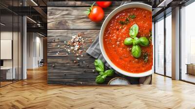 Classic tomato soup in a white bowl on a wooden surface  AI generated illustration Wall mural