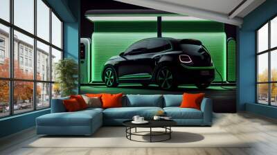 Electric car charging on the station, illustration. Green neon glowing EV vehicle filling up a battery. Modern hybrid Wall mural