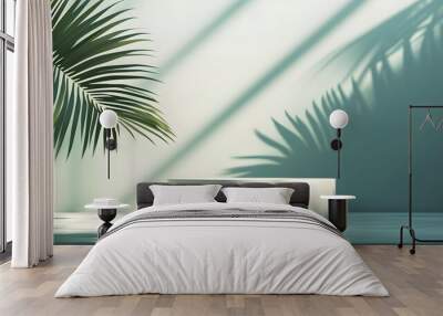 Empty textured podium with an abstract minimalist background enhanced by the shadow of a tropical palm leaf for cosmetic presentation AI generated illustration Wall mural