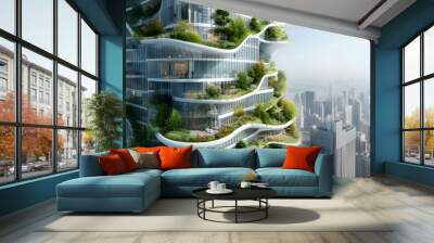 Futuristic eco-friendly urban skyscraper with integrated green spaces AI generated illustration Wall mural