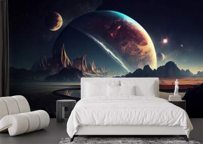 Futuristic fantasy landscape, sci-fi landscape with planet, neon light, cold planet. Galaxy, unknown planet. Wall mural