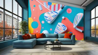 Golf clubs and tees in a vibrant Memphis-inspired pattern   AI generated illustration Wall mural