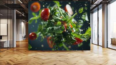 Highlight the freshness of a flying salad with a blend of natural and artificial light AI generated illustration Wall mural