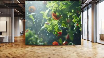 Highlight the freshness of a flying salad with a blend of natural and artificial light AI generated illustration Wall mural