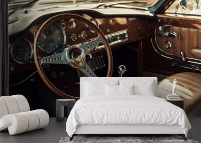 Luxurious leather interior of a retro car control panel. Al generated Wall mural