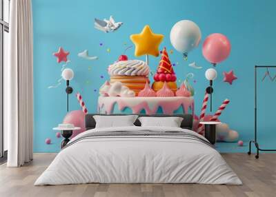 Modern birthday cake with unique decorations 3d style isolated flying objects memphis style 3d render   AI generated illustration Wall mural