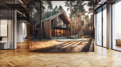 Modern small wooden house in the Scandinavian style barnhouse, with a metal roof in forest. AI generated Wall mural