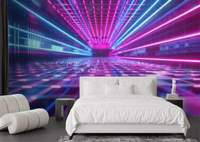 Neon grids forming a mesmerizing optical illusion 3d style isolated flying objects memphis style 3d render   AI generated illustration Wall mural