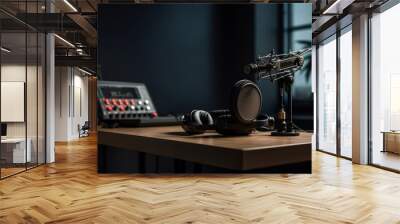 Professional microphone and sound mixer in radio station studio. AI generated Wall mural