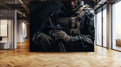 Soldier holding a gun realistic isolated background. Al generated Wall mural