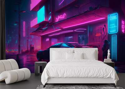 Standing car on futuristic metropolis background. Cyberpunk illustration of night city. Wall mural