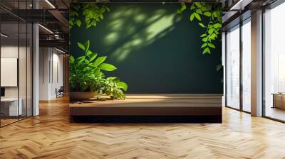 Wood table green wall background with sunlight window create leaf shadow on wall with blur indoor green plant foreground Wall mural