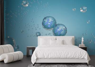 Drops of water and  hydrogen molecule. 3d render.  Wall mural